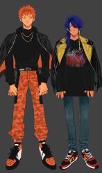 Rule 34 | 2boys, 777, arisugawa dice, arms at sides, asymmetrical hair, belt, belt charm, black belt, black jacket, black pants, black shoes, black sweater, blue eyes, blue hair, blush, busujima rio mason, camouflage, camouflage pants, chain, chain necklace, charm (object), clenched hand, contrast collar, denim, dice hair ornament, ear piercing, full body, grey background, hair ornament, hair over one eye, hair over shoulder, height difference, hypnosis mic, jacket, jacket on shoulders, jeans, jewelry, leather, leather jacket, legs apart, long sleeves, male focus, medium hair, multiple boys, narrowed eyes, necklace, nitada, nose blush, official alternate costume, orange hair, orange pants, orange shoes, pants, parted bangs, piercing, pink eyes, print shirt, print shoes, red shoes, shirt, shirt tucked in, shoes, short hair, side-by-side, simple background, skinny jeans, sleeves past wrists, sneakers, spiked hair, standing, straight-on, sweater, tassel, tassel hair ornament, two-sided fabric, two-sided jacket, two-tone pants, v-shaped eyebrows, very short hair, white shoes
