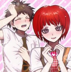 1boy 1girl :d ahoge black_eyes blush breast_pocket brown_hair collared_shirt danganronpa_(series) danganronpa_2:_goodbye_despair freckles green_necktie heart heart_hands highres hinata_hajime koizumi_mahiru kun_(oxx_kn_xxo) necktie open_mouth pink_background plaid_clothes plaid_necktie pocket red_hair shirt short_hair smile sweatdrop teeth tongue white_shirt