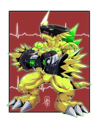 1boy absurdres artist_request bulkmon digimon digimon_(creature) fingernails full_body highres horn looking_at_viewer mask muscular muscular_male open_mouth sharp_fingernails sharp_teeth simple_background standing tail teeth