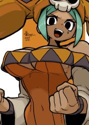 Rule 34 | 1girl, absurdres, bone nigi, breasts, cerebella (skullgirls), clenched hands, covered navel, dark-skinned female, dark skin, dress, fist pump, green hair, green lips, hat, highres, large breasts, lipstick, looking to the side, makeup, open mouth, orange background, short dress, sidelocks, skullgirls, smile, solo, upper body, vice-versa (skullgirls), white background, wristband
