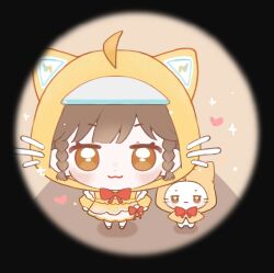 1girl :3 ahoge animal animal_ear_hood animal_ears baonu_de_zhanshen_caibutou bare_legs black_border blunt_bangs border bow bow_skirt bowtie braid brown_eyes brown_hair cat cat_ears chibi chinese_commentary closed_mouth clothed_animal commentary_request cosplay detached_sleeves dot_nose ear_covers eyelashes fake_animal_ears frilled_sleeves frills hallway happy heart highres hood hood_up hooded_coat indoors infinity_nikki light_blush light_particles long_sleeves meme meme_request miniskirt momo_(nikki) momo_(nikki)_(cosplay) momo_rain_(infinity_nikki) nikki_(series) puffy_long_sleeves puffy_sleeves raincoat red_bow red_bowtie round_border shadow shoes short_hair skirt smile sparkle straight-on swept_bangs textless_version twin_braids whiskers white_cat white_skirt yellow_raincoat yellow_shoes yellow_sleeves