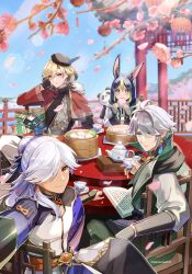 4boys :3 absurdres alhaitham_(genshin_impact) animal_ear_fluff animal_ears aqua_eyes steamed_bun beret black_hair blonde_hair blush brown_shirt chinese_clothes closed_mouth cup cyno_(genshin_impact) dark-skinned_male dark_skin desk earrings eating food fox_boy fox_ears genshin_impact gloves green_eyes green_hair green_shirt grey_hair hair_between_eyes hair_bun hair_over_one_eye hat highres holding holding_cup jewelry kaveh_(genshin_impact) long_hair long_sleeves looking_at_viewer male_focus mehrak_(genshin_impact) multicolored_hair multiple_boys muri_(pan&#039;ichi_murimuri_geinin) red_eyes shirt short_hair single_hair_bun streaked_hair table teapot tighnari_(genshin_impact) white_hair