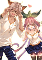 Rule 34 | 1boy, 1girl, accessories, bespectacled, breasts, casual, cleavage, elsam (granblue fantasy), erune, glasses, granblue fantasy, highres, long hair, looking at viewer, mizuno sao, monster girl, pink hair, plant girl, silver hair, thighhighs, yggdrasil (granblue fantasy)