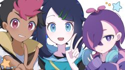 1boy 2girls black_hair blue_eyes blue_hair closed_mouth colored_inner_hair cowlick dark-skinned_male dark_skin dot_(pokemon) eyelashes hair_bun hair_ornament hair_over_eyes hairclip headphones highres jacket liko_(pokemon) long_sleeves looking_at_viewer multicolored_hair multiple_girls nintendo open_clothes open_mouth pink_hair pokemon pokemon_(anime) pokemon_horizons purple_eyes purple_hair roy_(pokemon) seiun_(hoshigumo_72) shirt short_hair short_sleeves smile two-tone_hair v vest zooming_in