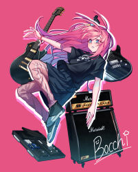 1girl absurdres amplifier bocchi_the_rock! character_name effects_pedal electric_guitar gibson_les_paul gotoh_hitori guitar highres ingyanggang instrument kessoku_band_t-shirt marshall_amplification midair pedal_board solo yamaha_pacifica