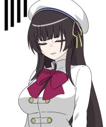1girl arms_at_sides assault_lily beret black_hair black_shirt blunt_bangs bow bowtie breasts clenched_teeth closed_eyes commentary grimace hat hat_ribbon herensuge_girls_academy_school_uniform jacket kimassi long_hair long_sleeves medium_breasts morimoto_yuni navel parted_lips red_bow red_bowtie ribbon school_uniform shirt sidelocks simple_background solo sweat teeth upper_body v-shaped_eyebrows white_background white_hat white_jacket yellow_ribbon