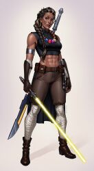 1girl abs absurdres alien bandaged_leg bandages belt belt_pouch birdyraider black_hair black_shirt blonde_hair boots braid braided_ponytail breasts brown_belt brown_boots brown_gloves brown_shorts crop_top dark-skinned_female dark_skin energy_sword facial_tattoo fingerless_gloves full_body gloves grey_background highres holding holding_sword holding_weapon horns jedi jewelry large_breasts lightsaber long_hair looking_to_the_side multicolored_hair muscular muscular_female navel necklace pouch purple_eyes shadow shirt shorts simple_background sleeveless sleeveless_shirt solo standing star_wars streaked_hair sword tattoo two-tone_hair weapon weapon_on_back yellow_lightsaber zabrak