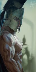 1boy abs arm_tattoo blonde_hair blurry chest_tattoo commentary english_commentary facial_tattoo gradient_hair helmet honkai:_star_rail honkai_(series) jinoo109 large_pectorals looking_to_the_side male_focus medium_hair multicolored_hair muscular muscular_male mydei_(honkai:_star_rail) pectorals red_hair red_tattoo solo tattoo topless_male upper_body yellow_eyes