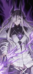 1girl absurdres aqua_eyes arknights black_horns black_shirt black_thighhighs blonde_hair card closed_mouth collared_shirt cowboy_shot dragon_girl dragon_horns dress fire hair_over_one_eye highres holding holding_card horns jacket light_in_heart light_smile long_hair long_sleeves looking_at_viewer multiple_horns necrass_(arknights) open_clothes open_jacket purple_fire shirt solo thighhighs torn_clothes torn_thighhighs user_uyys2255 white_dress white_jacket wing_collar