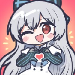 1girl ;d blue_stripes bow commission dress girls&#039;_frontline gloves hair_between_eyes hair_bow hands_up heart heart_hands long_hair looking_at_viewer lowres madcore one_eye_closed open_mouth red_eyes smile solo striped_clothes striped_gloves tokarev_(girls&#039;_frontline) upper_body vertical-striped_clothes vertical-striped_gloves white_dress white_hair