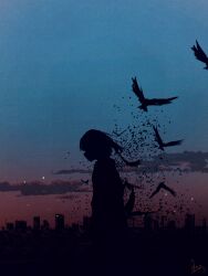 1girl absurdres bird blue_sky building chinese_commentary chromatic_aberration city cloud cloudy_sky facing_away highres huashijw medium_hair original outdoors pink_sky scenery signature sky solo twilight