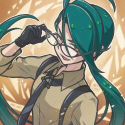 1girl :d absurdres adjusting_eyewear ahoge black-framed_eyewear black_gloves black_necktie bright_pupils brown_eyes collared_shirt commentary_request glasses gloves green_hair hand_up highres long_hair necktie nintendo open_mouth pokemon pokemon_sv ponytail rika_(pokemon) sasami_642 shirt signature smile solo suspenders upper_body white_pupils