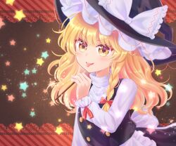 1girl absurdres black_hat black_vest blonde_hair bow braid brown_background food frilled_bow frills hair_between_eyes haruki_reimari hat hat_bow highres holding holding_food holding_pocky kirisame_marisa long_hair long_sleeves looking_at_viewer pocky red_background red_bow shirt single_braid solo star_(symbol) touhou upper_body v-shaped_eyebrows vest white_bow white_shirt witch_hat