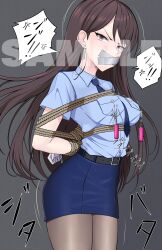 Rule 34 | 1girl, absurdres, bang dream!, bang dream! it&#039;s mygo!!!!!, bdsm, blue shirt, blue skirt, bondage, bound, breasts, brown hair, earrings, gag, glaring, highres, improvised gag, jewelry, long hair, looking at viewer, lying, police, police uniform, policewoman, purple eyes, sex toy, shibari, shiina taki, shirt, skirt, solo, tape, tape gag, watchimen
