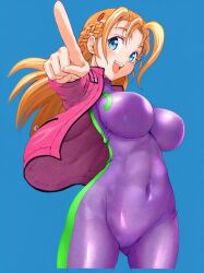 1girl blonde_hair blue_eyes breasts fuurinji_miu highres long_hair looking_at_viewer matsuena_shun navel open_mouth pointing shijou_saikyou_no_deshi_ken&#039;ichi simple_background smile solo standing stomach teeth thighs tongue