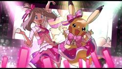1girl :d animated arm_up audible_music blue_eyes bow brown_hair buttons clenched_hand clothed_pokemon commentary_request cosplay_pikachu creatures_(company) earrings eyelashes game_freak gen_1_pokemon glowstick hair_bow hand_up happy idol jewelry korean_commentary may_(contest)_(pokemon) may_(pokemon) nintendo open_mouth pikachu pikachu_pop_star pokemon pokemon_(creature) pokemon_oras shirt shorts shorts_under_skirt skirt smile sound sparkle tagme video vpfjfevol white_shirt
