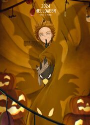 2boys animal_head bandaged_head bandages beak beard_stubble behind_curtains black_gloves blonde_hair boku_no_hero_academia curtain_grab curtains facial_hair gloves hand_up hawks_(boku_no_hero_academia) highres male_focus multiple_boys p_0_a pumpkin red_eyes short_hair silhouette smile stubble tokoyami_fumikage twitter_username