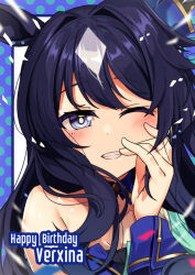 Rule 34 | 1girl, animal ears, bare shoulders, blue eyes, bracelet, breasts, cape, character name, choker, collarbone, ear covers, happy birthday, horse ears, horse girl, horse tail, jewelry, medium breasts, one eye closed, smile, solo, tail, umamusume, verxina (umamusume), white hair, yasume yukito