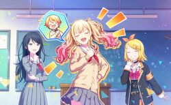 Rule 34 | 1boy, 3girls, :d, ano hi sora wa tookatta (project sekai), armband, black choker, black hair, black skirt, blonde hair, bow, bowtie, cardigan, chalkboard, choker, closed eyes, colorful palette, game cg, gradient hair, grey eyes, grey serafuku, grey shirt, grey skirt, grin, hair ornament, hairclip, highres, hoshino ichika (project sekai), kagamine rin, leo/need rin, multicolored hair, multiple girls, neckerchief, official art, open mouth, orange armband, orange bow, pink bow, pink bowtie, pink hair, pleated skirt, project sekai, red neckerchief, sailor collar, school uniform, serafuku, shirt, siblings, skirt, smile, speech bubble, teeth, tenma saki, tenma tsukasa, third-party source, tongue, triangle, u u, vocaloid, white sailor collar, white shirt, white sleeve cuffs, x hair ornament, yellow cardigan