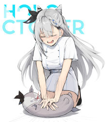 Rule 34 | 1girl, blood, blood from mouth, braid, braided bangs, breasts, closed eyes, cone hair bun, cpr, crying, dress, grey hair, hair bun, highres, hololive, hololive indonesia, medium breasts, nineroine, nurse, open mouth, seiza, short dress, short sleeves, sitting, vestia zeta, virtual youtuber, white background, white dress, you&#039;re doing it wrong