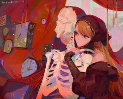 1girl 2025 absurdres artist_name bare_shoulders blonde_hair clock commentary dated dungeon_meshi elf english_commentary fur_trim green_eyes highres long_hair marcille_donato marcille_donato_(lord) pointy_ears skeleton solo wall_clock yenkurl