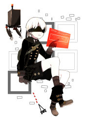 1boy backpack bag black_blindfold black_choker black_footwear black_gloves black_legwear blindfold choker floating gameplay_mechanics gloves green_bag hacking highres invisible_chair male_focus mik3d nier_(series) nier:automata parted_lips pod_(nier:automata) robot shorts sitting socks white_hair 9s_(nier:automata)