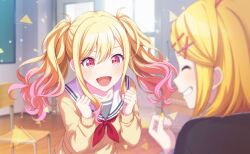 Rule 34 | 2girls, :d, ^ ^, blonde hair, cardigan, chair, classroom, closed eyes, colorful palette, game cg, gradient hair, grin, hair between eyes, hair ornament, hairclip, kagamine rin, leo/need rin, multicolored hair, multiple girls, neckerchief, official art, open mouth, pink eyes, pink hair, profile, project sekai, red neckerchief, sailor collar, smile, solo focus, teeth, tenma saki, third-party source, tongue, triangle, unnamed harmony (project sekai), vocaloid, white sailor collar, x hair ornament, yellow cardigan