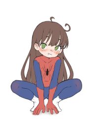 Rule 34 | 1girl, blush, bodysuit, brown hair, female focus, full body, green eyes, highres, kneeling, long hair, long sleeves, looking at viewer, marvel, original, qtkat, simple background, smile, socks, solo, spider-man (series), spread legs, superhero costume, teeth, thighs, tiptoes, white background, white socks