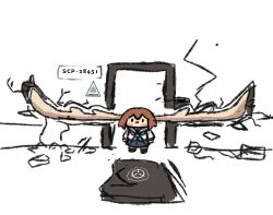 1girl antlers blue_neckerchief breaking_through_wall broken_door brown_hair chibi commentary deer_antlers deer_girl english_commentary hair_between_eyes horns huge_horns neckerchief rubble sailor_collar school_uniform scp_foundation shikanoko_noko shikanoko_nokonoko_koshitantan shirt short_hair solo wersman white_shirt