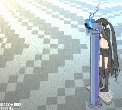 Rule 34 | 10s, 1608 (artist), 1608 (no.26), 1girl, belt, bikini, bikini top only, black hair, black rock shooter, black rock shooter (character), boots, female focus, glowing, glowing eye, glowing eyes, hood, jacket, knee boots, long hair, midriff, navel, shorts, solo, star (symbol), swimsuit, telescope, twintails, uneven twintails, very long hair, vocaloid