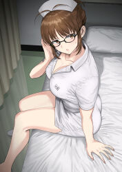 1girl akizuki_ritsuko antenna_hair ass bed black-framed_eyewear blush breasts brown_eyes brown_hair character_name collarbone commentary curtains fingernails folded_ponytail from_above from_side glasses hand_up hat highres idolmaster idolmaster_(classic) indoors looking_back miniskirt name_tag nurse nurse_cap on_bed parted_lips pillow shirt short_sleeves sidelocks sitting skirt solo sweatdrop translated tsurui white_shirt white_skirt