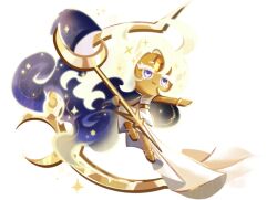1girl ahoge blonde_hair bracelet chibi chibi_only colored_eyelashes cookie_run cookie_run:_kingdom crescent dress game_cg glowing glowing_hair gold_bracelet holding holding_wand jewelry long_hair moonlight_cookie moonlight_cookie_(crescent_guardian) multicolored_hair official_alternate_costume official_art purple_eyes simple_background solo third-party_source transparent_background very_long_hair wand white_dress white_eyelashes