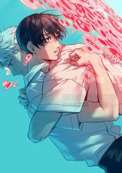 Rule 34 | 2boys, belt, black belt, black hair, black pants, body horror, collared shirt, from side, highres, hikaru ga shinda natsu, hug, indou hikaru, male focus, mole, mole under eye, multiple boys, pants, red pupils, shirt, short hair, short sleeves, teeth, tsujinaka yoshiki, white hair, white shirt, yuu+1