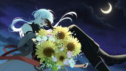 Rule 34 | 1boy, :d, a date with death, arm on own leg, averting eyes, belt, black clouds, black gloves, black shorts, blush, bouquet, covering one eye, crescent moon, crossed legs, fangs, flower, from below, gloves, grin, hair flowing over, highres, holding, holding bouquet, incoming gift, jacket, jacket partially removed, jellyfish cut, male focus, moon, night, night sky, non-web source, official art, open mouth, red belt, red eyes, rose, scenery, shorts, sidelighting, sky, sleeveless, sleeveless turtleneck, smile, solo, sparkling eyes, star (sky), starry sky, sunflower, teeth, tulip, turtleneck, upper teeth only, variant set, white hair, wolf cut
