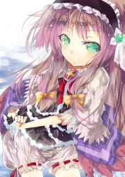 1girl bloomers blue_panties blue_stripes bow calilica_(ys) capelet commentary dress frills green_eyes hair_bow hair_ornament hair_ribbon hairband headdress hizaka long_hair looking_at_viewer panties panties_visible_through_clothes pink_bow pink_hair red_bow red_ribbon ribbon solo striped_clothes striped_panties striped_underwear underwear water wet wet_clothes white_bloomers wringing_clothes ys ys_memories_of_celceta