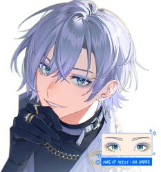 Rule 34 | 1boy, black gloves, black shirt, blue eyes, blue eyeshadow, chain, chain necklace, collared shirt, commentary, crossed bangs, earrings, elbow gloves, english commentary, eyeshadow, glint, gloves, gold ring, green eyes, grin, hair between eyes, hand on own chin, hand up, highres, jewelry, kaelix debonair, kaohom503, looking at viewer, makeup, male focus, multicolored eyes, necklace, nijisanji, nijisanji en, parted lips, ring, shirt, short hair, simple background, smile, solo, sparkle, turtleneck, two-tone eyes, upper body, virtual youtuber, white background, white hair, white shirt