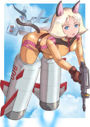 Rule 34 | 1girl, absurdres, animal ears, ass, beam rifle, blonde hair, blue eyes, cat ears, energy gun, gundam, highres, k katora, looking at viewer, mecha pilot suit, mobile suit gundam, normal suit (gundam), sayla mass, short hair, sky, smile, strike witches, strike witches: aurora no majo, strike witches: suomus misfits squadron, striker unit, weapon, white base, world witches series