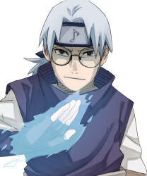 Rule 34 | 1boy, black eyes, closed mouth, fingerless gloves, forehead protector, gloves, grey hair, kamosuke, male focus, naruto (classic), naruto (series), ninja, otogakure symbol, purple gloves, purple vest, round eyewear, shirt, simple background, smile, solo, upper body, vest, white background, white shirt, yakushi kabuto