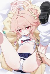 1boy 1girl ahoge arms_up bed black_shoes blue_archive blue_skirt blush breasts chinese_commentary clothes_lift commentary dot_nose drumsticks fingernails hair_ornament hair_scrunchie halo highres holding holding_drumsticks jacket legs_up lifting_another&#039;s_clothes logo_print loli long_hair long_sleeves looking_at_viewer loose_socks lying meng_yin natsu_(band)_(blue_archive) natsu_(blue_archive) navel official_alternate_costume on_back open_mouth panties pink_eyes pink_hair pink_halo pleated_skirt print_shirt red_eyes scrunchie shirt shirt_lift shoes skirt small_breasts socks spread_legs sweat thighs underboob underwear white_panties white_shirt yellow_jacket