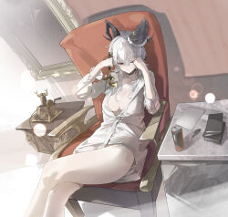 1girl absurdres bare_legs black_horns book book_stack breasts can closed_mouth collarbone commentary corded_phone couch crossed_legs curled_horns drink_can english_commentary grey_hair highres horns indoors large_breasts legs leo795 long_hair no_bra no_pants on_couch one_eye_closed paper pen phone red_eyes shirt sitting sleepy solo white_shirt wuthering_waves zani_(wuthering_waves)
