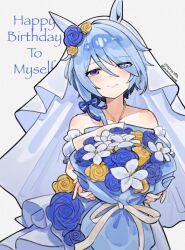 Rule 34 | 1girl, animal ears, bare shoulders, blue bow, blue eyes, blue flower, blue hair, blush, bouquet, bow, chinese commentary, closed mouth, collarbone, commentary request, cowboy shot, dated, english text, flower, grey background, hair bow, hair flower, hair ornament, hair over one eye, happy birthday, highres, holding, holding bouquet, horse ears, horse girl, k.s.miracle (umamusume), looking at viewer, mixed-language commentary, saramiao-chan, simple background, solo, twitter username, umamusume, veil, white flower, white veil, yellow flower