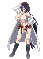 10s 1girl anime_screenshot bandages blush breasts cleavage covered_erect_nipples curvy female_focus full_body glasses hat highres hizuki_touko hoods_entertainment huge_breasts kagaku_na_yatsura long_hair looking_at_viewer nozaki_masaya open_fly purple_hair red_eyes smile solo standing stitched third-party_edit third-party_extraction underboob very_long_hair