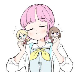 Rule 34 | 1girl, :3, anyoji hime, blonde hair, blue eyes, blush, brown hair, character doll, closed eyes, commentary request, doll, fujishima megumi, hasu no sora school uniform, highres, holding, holding doll, hood, hooded jacket, jacket, kyurumaru, link! like! love live!, long hair, love live!, mira-cra park!, multi-tied hair, neckerchief, open clothes, open jacket, osawa rurino, pink hair, ponytail, purple eyes, school uniform, sidelocks, solo, summer uniform, tazaki masanobu, three-quarter sleeves, twintails, upper body, virtual youtuber, white jacket, winter uniform, yellow neckerchief