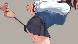 1girl 1other arms_behind_back bdsm blue_sweater_vest blush bondage bound breasts commentary_request crotch_rope disembodied_hand dochi_(dosa_dosa_dosa) grey_background grey_skirt head_out_of_frame highres medium_breasts open_mouth original paid_reward_available pleated_skirt saliva school_uniform shibari shirt simple_background skirt sweater_vest white_shirt