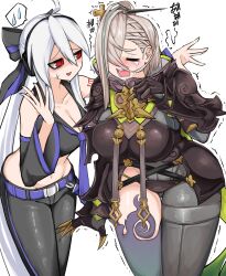 2girls absurdres ahoge armor asymmetrical_clothes bare_shoulders belt black_armor black_bow black_pants black_shirt black_sleeves blonde_hair bodysuit bow breasts cleavage collarbone comforting crop_top crossover crying detached_sleeves fate/grand_order fate_(series) gauntlets green_hair hair_between_eyes hair_ornament hair_over_one_eye hair_ribbon hairpin highres huyan_zhuo_(fate) large_breasts long_hair looking_at_another loose_necktie multicolored_hair multiple_girls navel necktie nubebenbe pants pauldrons purple_belt red_eyes ribbon shirt shoulder_armor single_thighhigh spoken_sweatdrop streaked_hair sweatdrop thighhighs trait_connection trembling vocaloid white_hair yowane_haku