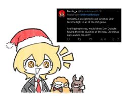 1girl animalization black_coat blonde_hair character_doll christmas_nightmare_(e.g.o) coat collared_shirt doll don_quixote_(project_moon) e.g.o_(project_moon) gregor_(project_moon) hat ishmael_(project_moon) lapels limbus_company necktie notched_lapels open_mouth project_moon red_necktie request_inset santa_hat shirt short_hair smile solo sparkling_eyes stuffed_toy white_shirt yellow_eyes yongsa_(ishmaelenjoyer)