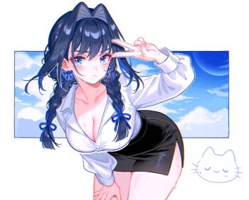Rule 34 | 1girl, artist logo, bent over, black skirt, blue eyes, blue hair, blue sky, blush, bow, bow earrings, breasts, cleavage, cloud, collarbone, collared shirt, crescent moon, earrings, hair between eyes, hair intakes, hand on own thigh, hololive, hololive english, jewelry, large breasts, lazuremi, logo, long hair, long sidelocks, long sleeves, looking at viewer, moon, ouro kronii, pencil skirt, ribbon earrings, shirt, side slit, sidelocks, skirt, sky, solo, sweat, v, virtual youtuber, white background, white shirt, wispy bangs