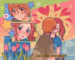 1boy 1girl artist_name blue_shirt blush breasts brown_eyes cheumi closed_eyes closed_mouth english_text fireworks flower grey_shirt hair_between_eyes heart hetero highres holding_hands kiss koizumi_risa long_hair lovely_complex medium_breasts ootani_atsushi orange_hair parted_bangs parted_lips pink_flower red_hair shirt short_hair short_sleeves side_ponytail sparkle spoken_heart subtitled tulip upper_body