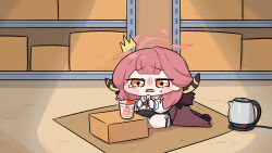1girl aru_(blue_archive) beleullin blue_archive blush_stickers broken_chopsticks brown_horns chibi chopsticks coat commentary commission demon_horns electric_kettle halo highres holding holding_chopsticks horns indoors instant_ramen kettle long_hair long_sleeves low_horns open_mouth orange_eyes pink_hair pink_halo red_coat shirt sitting solo tearing_up white_shirt