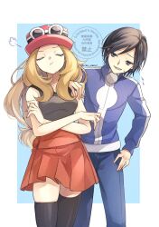 1boy 1girl black_hair black_thighhighs blonde_hair blue_jacket breasts calem_(pokemon) closed_eyes closed_mouth eyewear_on_headwear grey_eyes hat highres jacket long_hair long_sleeves nintendo open_mouth pants pink_hat pokemon pokemon_xy pout red_hat red_skirt serena_(pokemon) shirt short_hair skirt sleeveless sleeveless_shirt sunglasses thighhighs white-framed_eyewear yomogi_(black-elf)
